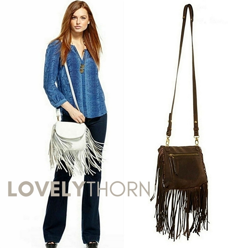 CYNTHIA VINCENT// ltd ed genuine dark brown leather fringe flap crossbody bag
